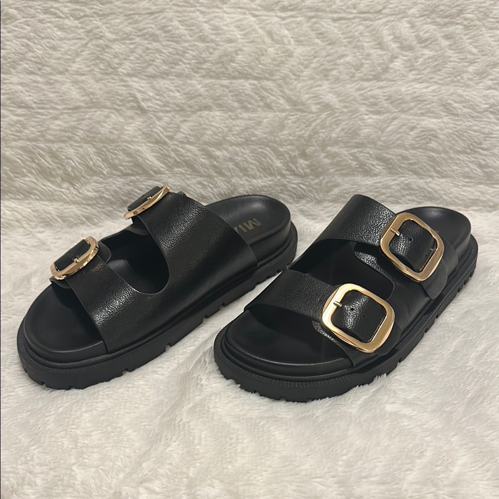 Black Slide Sandals with Gold Buckles